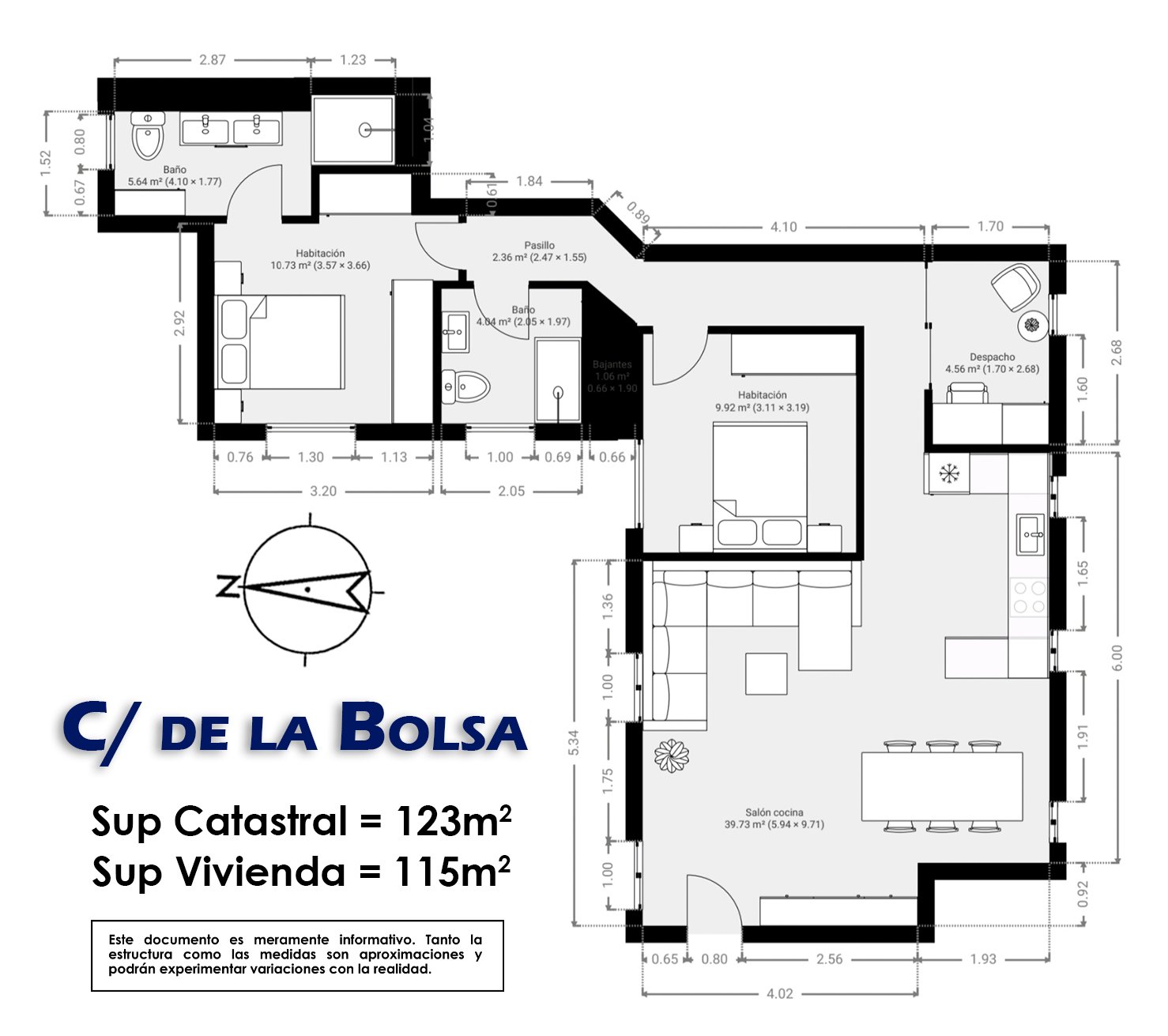 Ejemplo de plano inmobiliario 2D con medidas y distribución